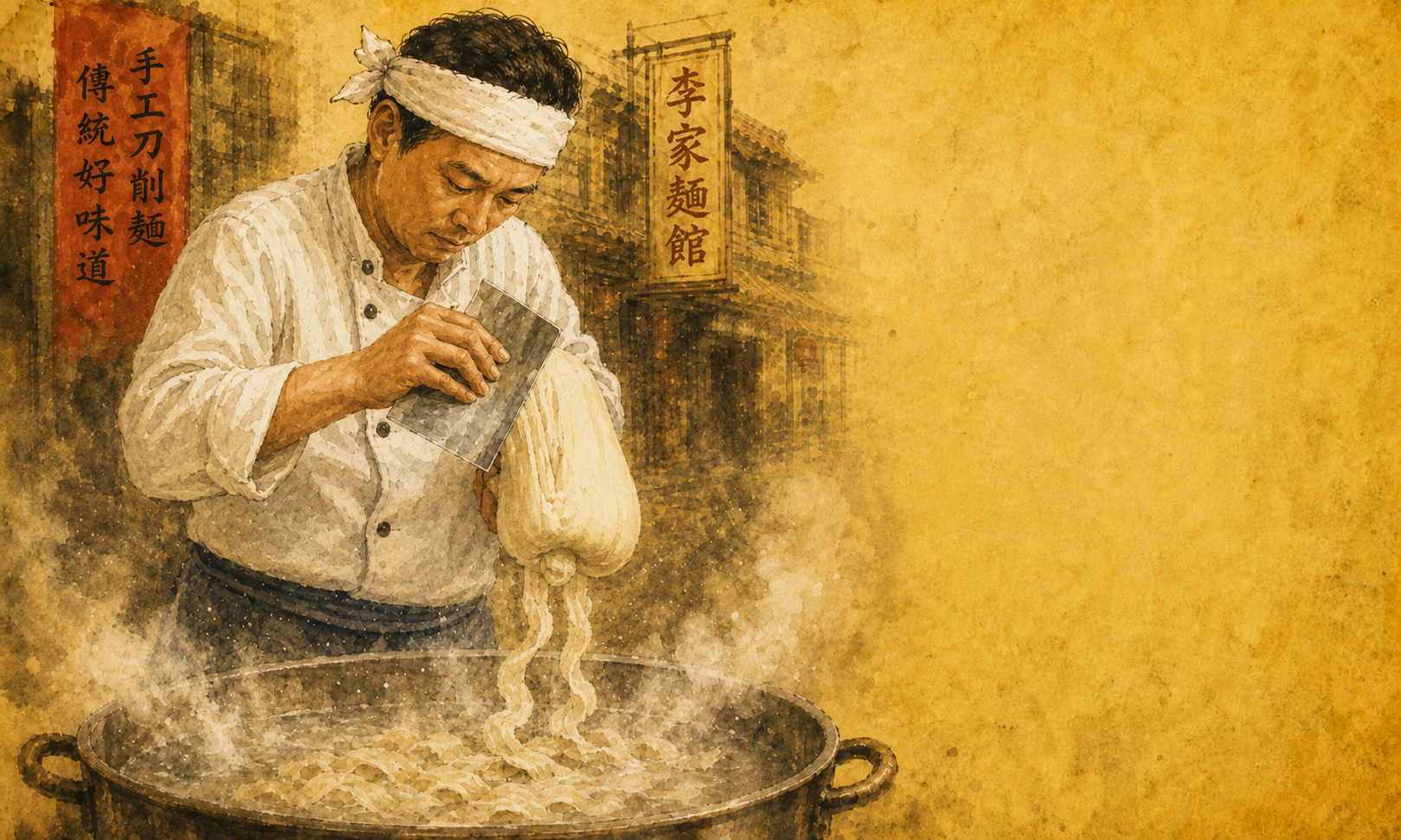 師傅手持麵團正在削刀削麵的插畫